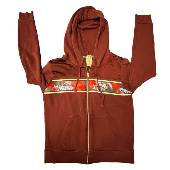 Vintage Y2k 1990's PINK Burgandy Floral Dog Long Sleeve Full Zip Hoodie Medium - Picture 14 of 16